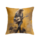 Colorful psychedelic strokes design on an indoor pillow, adding a vibrant touch to home decor.